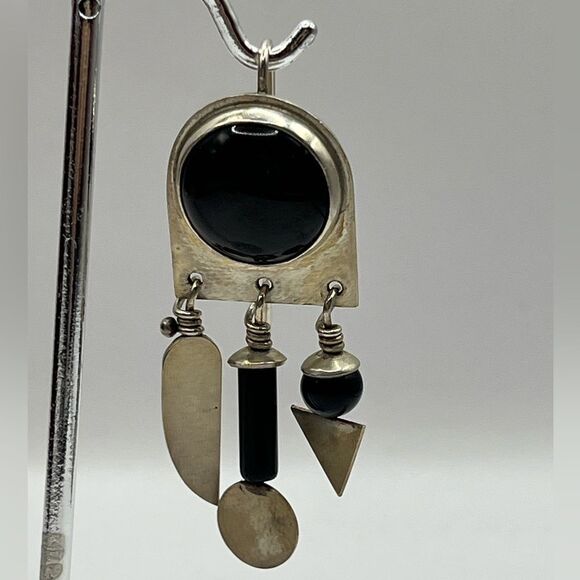 Signed Heinz Brummell Silver and Onyx Dangle Earrings - Picture 3 of 7